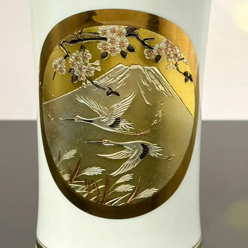 The Art of Chokin Porcelain Vase Cranes Mt Fuji Gold Silver Japan 7